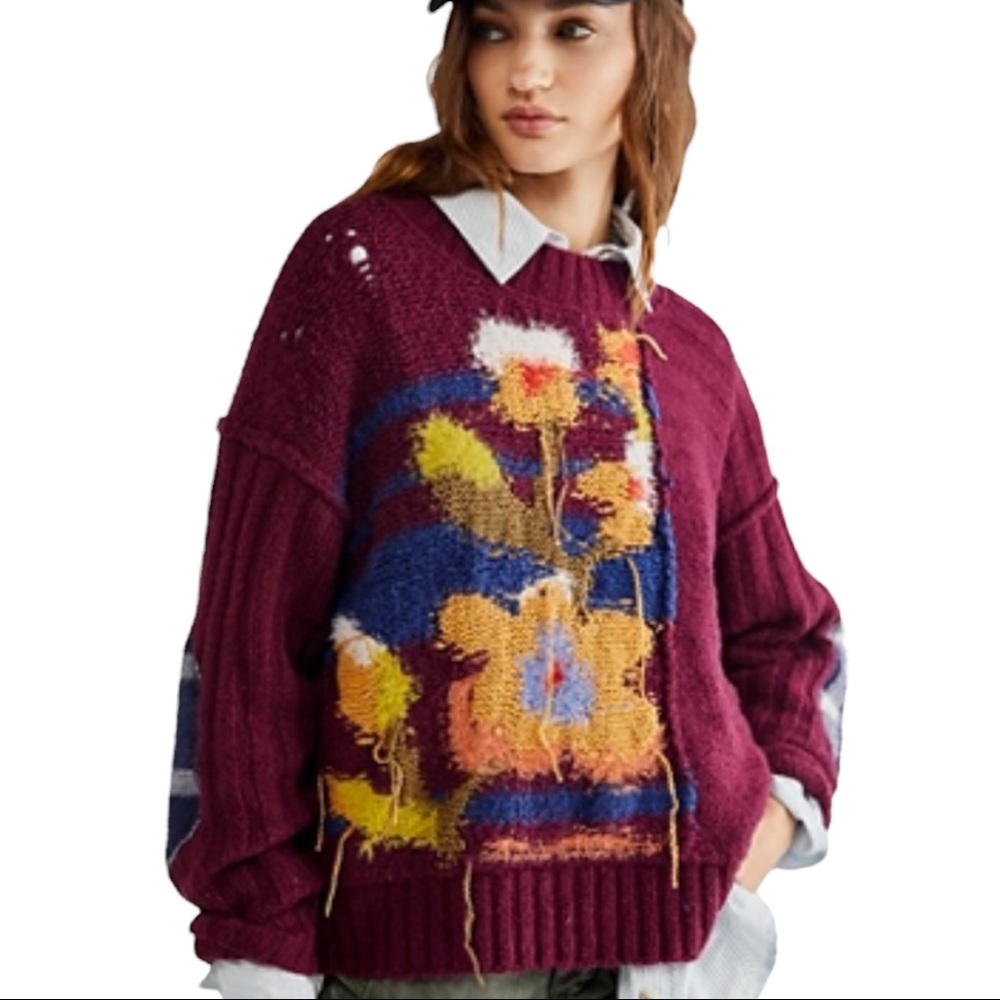Free People Sophia Floral XS, S, M Burgundy Chunky Slouchy Distressed Pullover